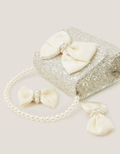 Glitter Pearl Bow Handbag & Hair Clips Set, , large