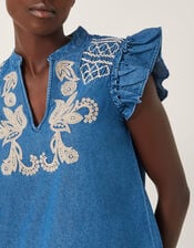 Holly Embroidered Denim Top, Blue (DENIM BLUE), large
