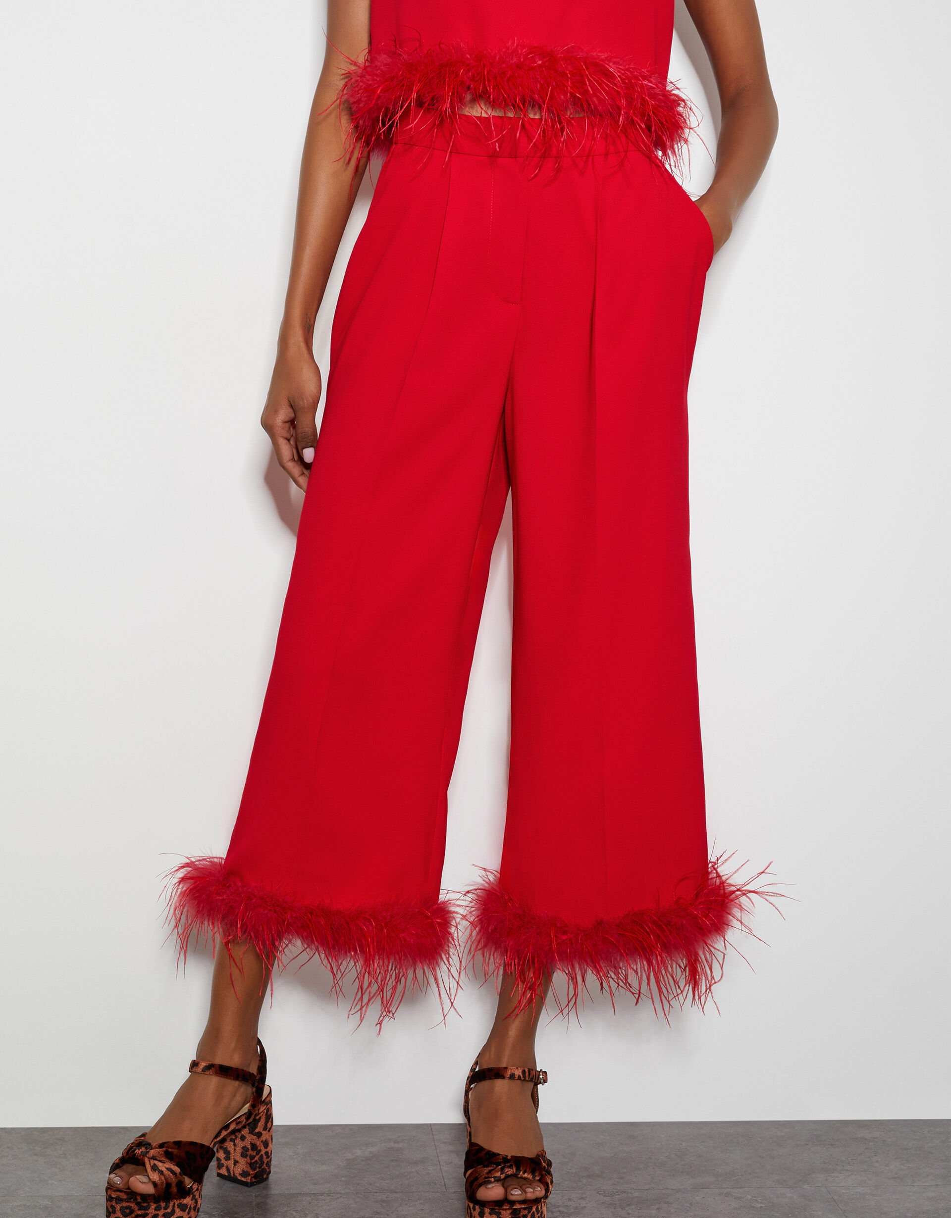 Monsoon x Sarah Corbett Winder Feather Trim Cropped Trousers Red