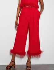 Monsoon x Sarah Corbett-Winder Feather Trim Cropped Trousers, Red (RED), large