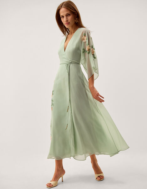 Clara Floral Embellished Midi Wrap Dress, Green (SAGE), large