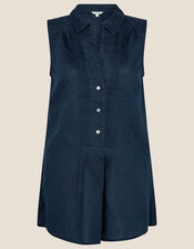 Sleeveless Longline Tunic Shirt in Linen Blend, Blue (NAVY), large