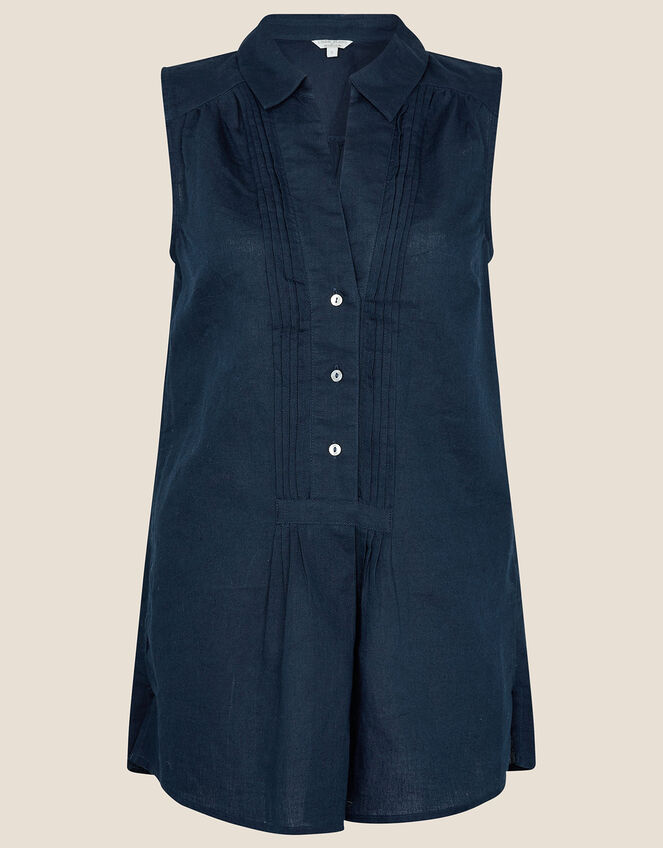 Sleeveless Longline Tunic Shirt in Linen Blend, Blue (NAVY), large