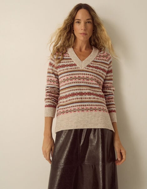 Fara V-Neck Fair Isle Jumper, Mink (MINK), large