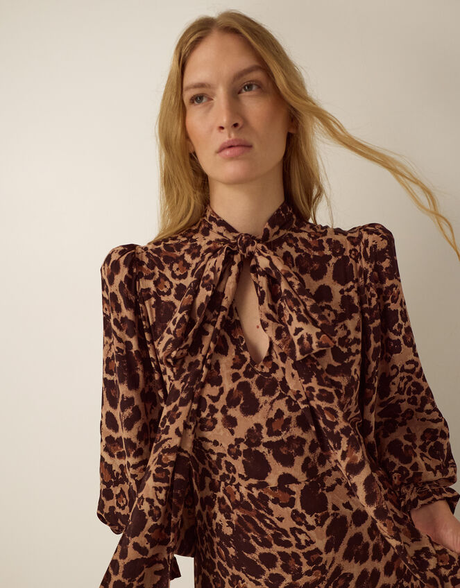 Monsoon x Queens of Archive Pearl Tie Neck Leopard Print Maxi Dress​, Brown (BROWN), large