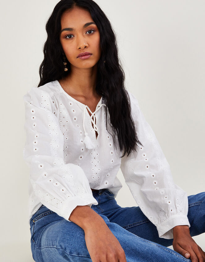 Schiffli Embroidered Long Sleeve Top, White (WHITE), large