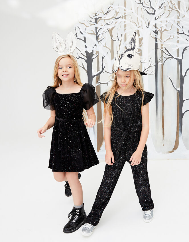 Puff Sleeve Sparkle Velvet Dress, Black (BLACK), large