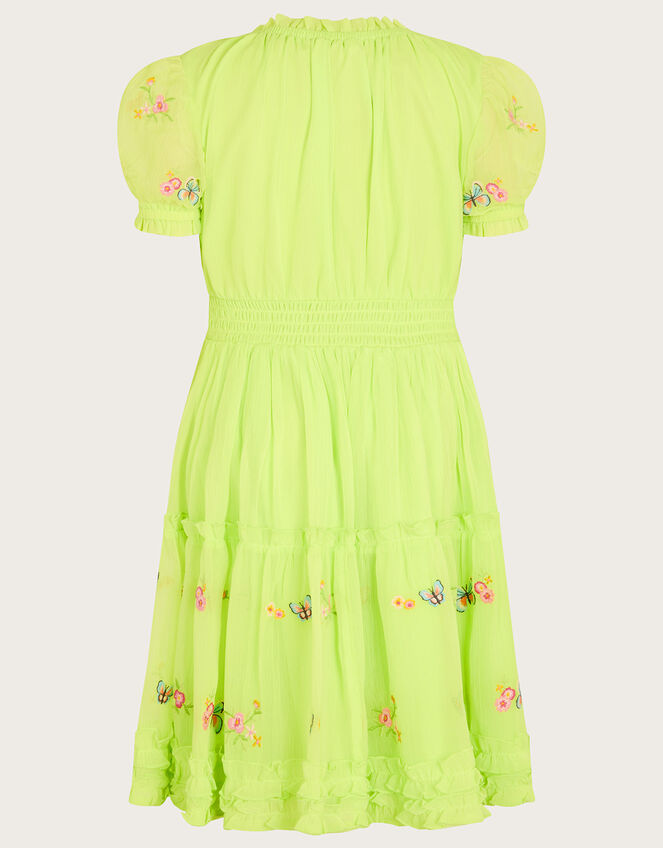 Embroidered Puff Sleeve Butterfly Dress, Green (LIME), large