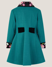 Contrast Double-Breasted Velvet Coat, Teal (TEAL), large