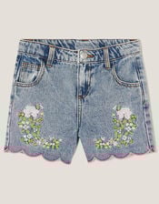 Sequin Floral Embroidered Denim Shorts, Blue (BLUE), large