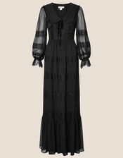 Lace Trim Collared Maxi Dress, Black (BLACK), large