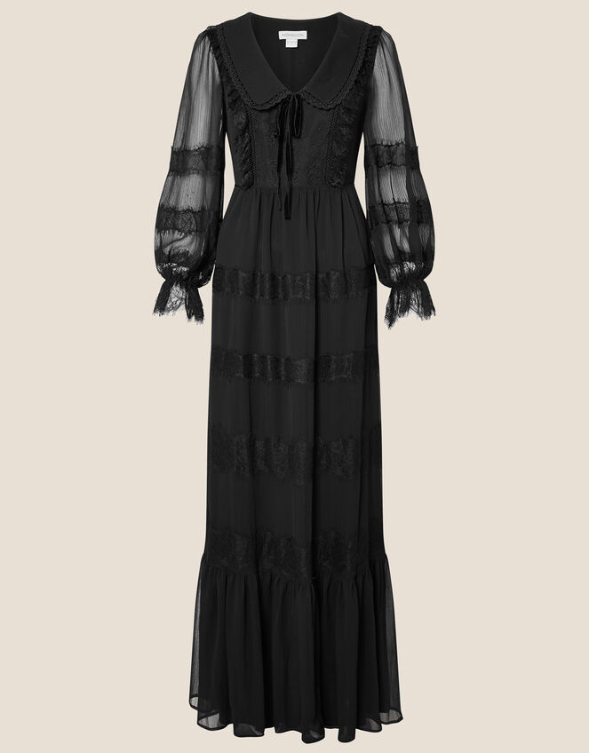 Lace Trim Collared Maxi Dress, Black (BLACK), large