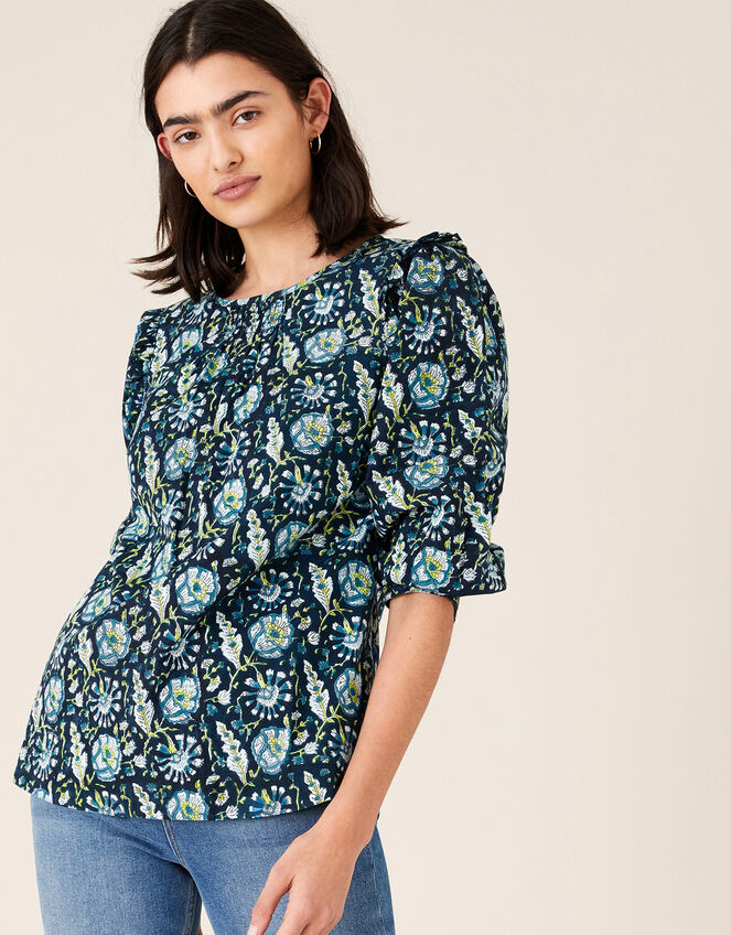 ARTISAN STUDIO Floral Woodblock Print Top, Blue (BLUE), large