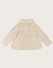 Baby Cable Knit Cardigan with Faux Fur Collar, Camel (OATMEAL), large