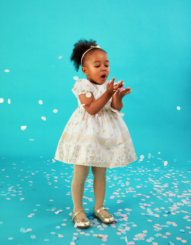 Baby Butterfly Foil Border Dress, Ivory (IVORY), large