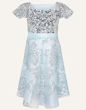 Sequin Glitter Print High Low Dress , Blue (BLUE), large
