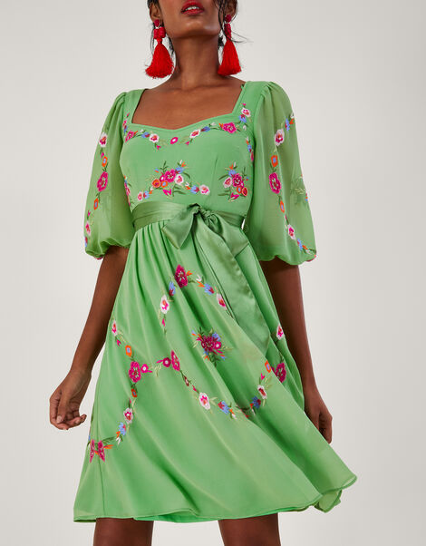 Emelia Floral Embroidered Dress in Recycled Polyester, Green (GREEN), large
