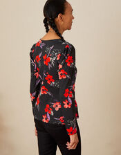 Floral Print Lace Trim Jersey Top, Black (BLACK), large