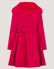 Faux Fur Collar Belted Coat, Red (RED), large