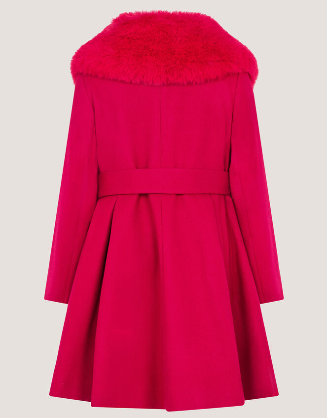 Faux Fur Collar Belted Coat, Red (RED), large