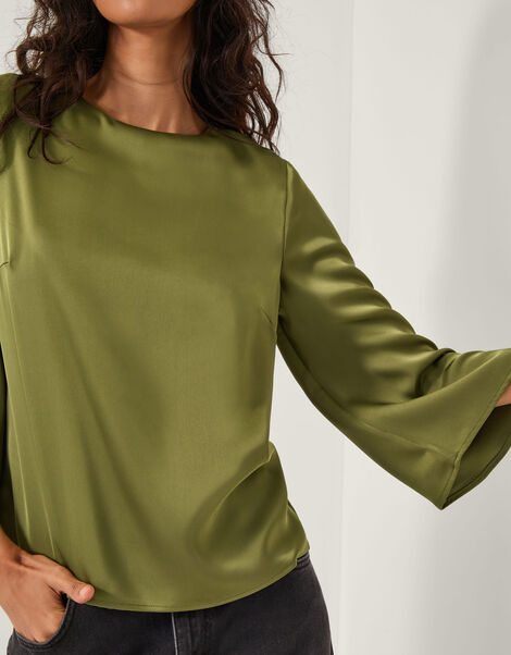 Ingrid Bell Sleeve Satin Blouse, Green (OLIVE), large