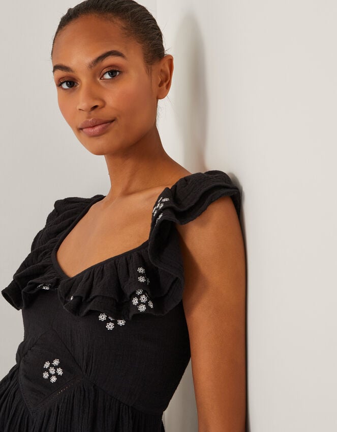 Daisy Frill Embroidered Midi Dress, Black (BLACK), large