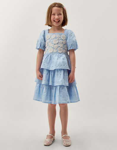 Floral Broderie Puff Sleeve Tiered Dress, Blue (BLUE), large