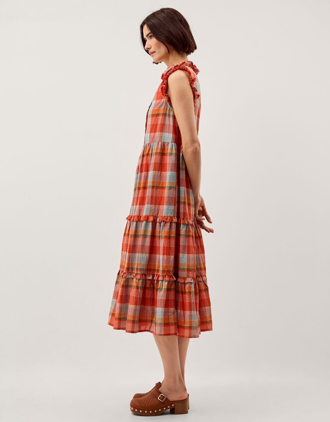 Cecily Check Print Tiered Midi Dress, Orange (ORANGE), large