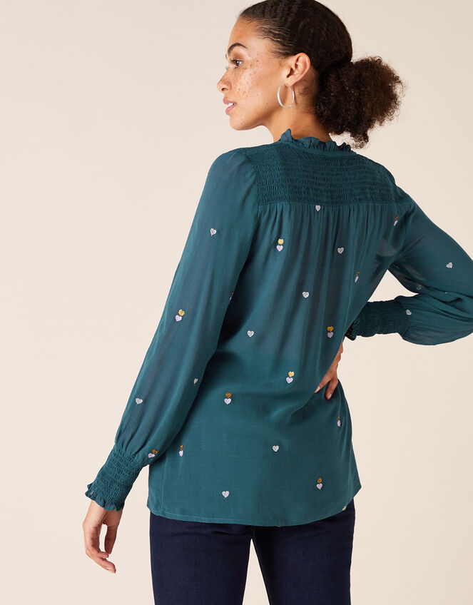 Heart Embroidery Blouse in Sustainable Viscose, Teal (TEAL), large