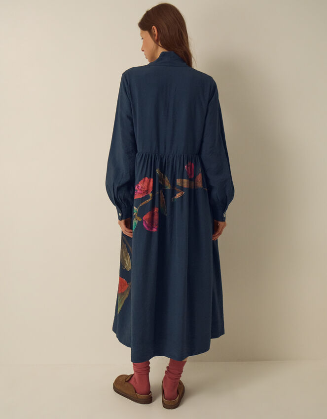 East Freddie Tie Neck Floral Placement Print Midi Dress, Blue (NAVY), large