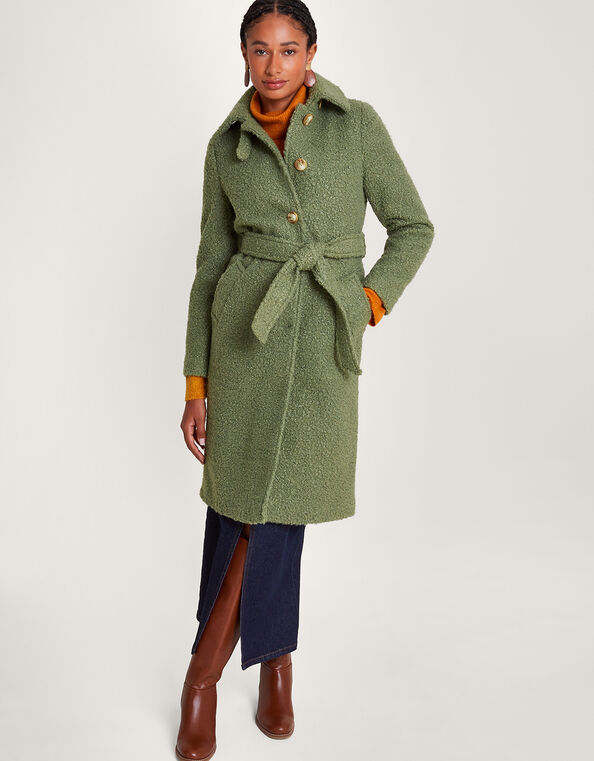Blair Boucle Single Breasted Belt Coat, Green (GREEN), large