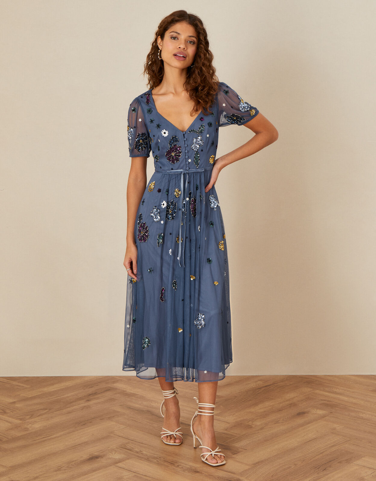 Georgia Embellished Midi Dress in Recycled Polyester Grey