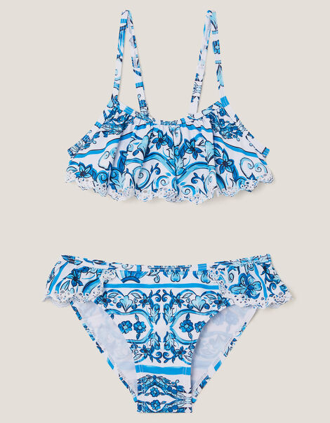 Calista Floral Print Ruffle Bikini Set, Blue (BLUE), large