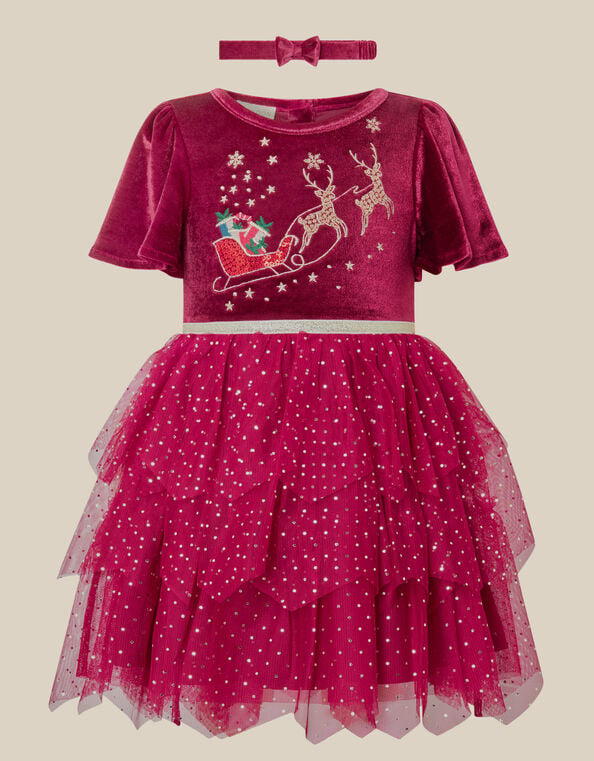 Baby Christmas Reindeer Mesh Dress & Headband Set, Red (BURGUNDY), large