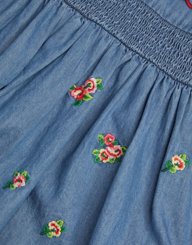 Baby Floral Embroidered Chambray Dress, Blue (BLUE), large