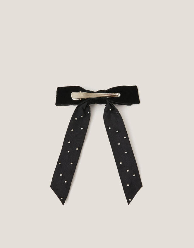 Pearly Velvet Ribbon Bow Hair Clip, , large