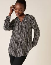 Printed Longline Shirt in Sustainable Viscose , Black (BLACK), large