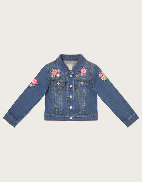 Flower Embroidered Denim Jacket, Blue (BLUE), large