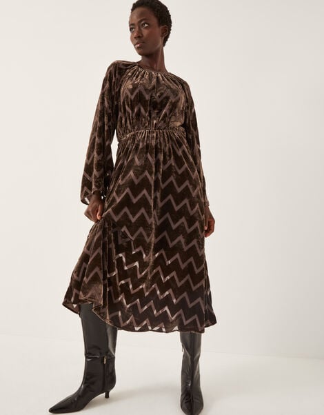 Keisha Geometric Velvet Midi Dress, Brown (CHOCOLATE), large