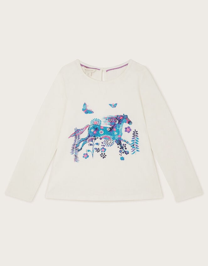 Horse Print Long Sleeve T-Shirt, Ivory (IVORY), large