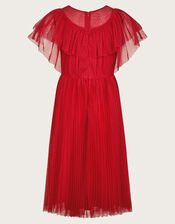 Frilly Polka Dot Mesh Pleated Dress, Red (RED), large
