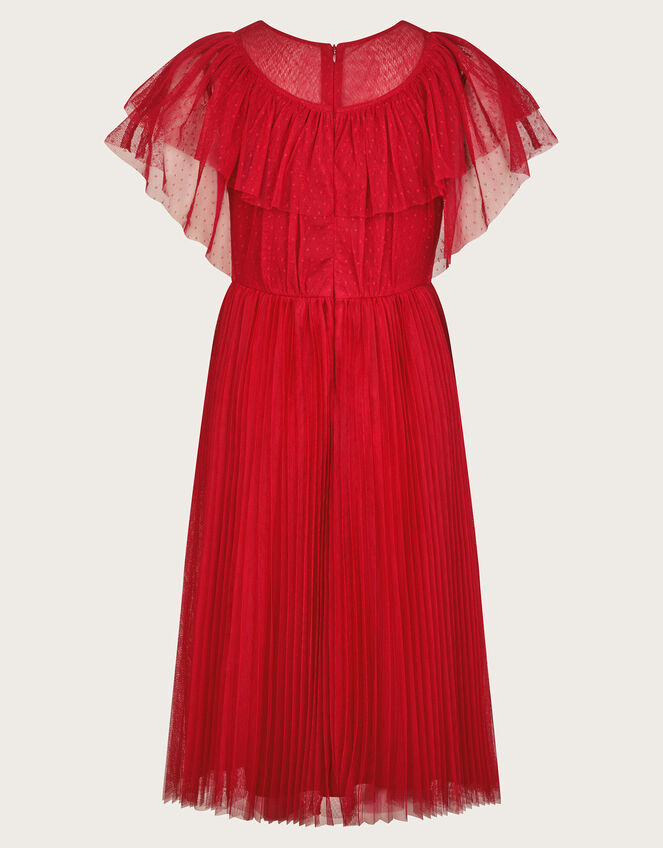 Frilly Polka Dot Mesh Pleated Dress, Red (RED), large