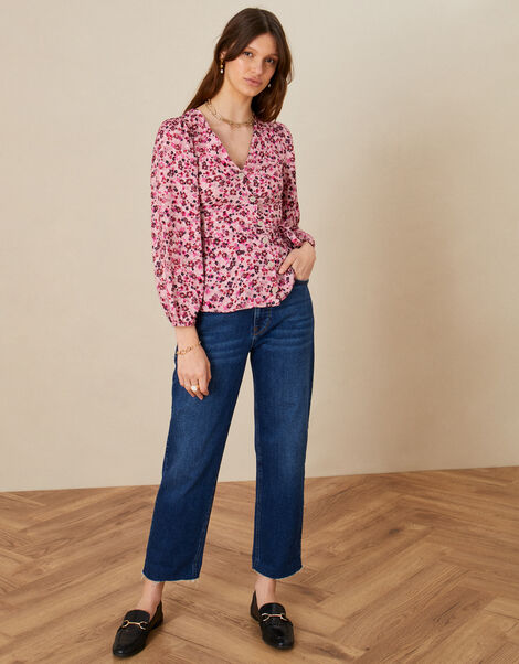Heather Ditsy Print Wrap Top, Pink (BLUSH), large