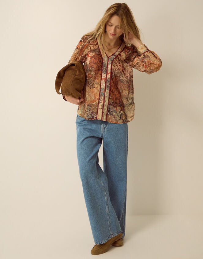 Evelina Sheer Floral Print Top, Brown (BROWN), large