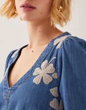 Fallon Floral Embroidered Denim Midi Dress, Blue (DENIM BLUE), large