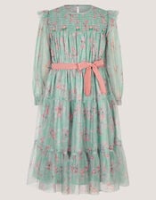 Ditsy Floral Print Belted Dress, Green (GREEN), large