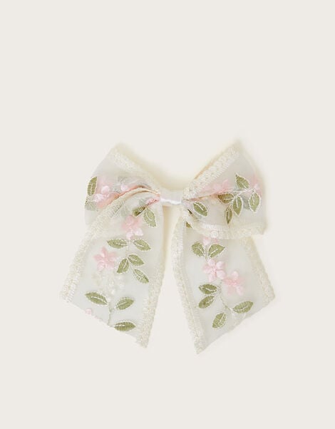 Floral Embroidered Bow Hair Clip, , large