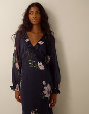 Rowena V-Neck Ruffle Floral Print Maxi Dress, Blue (NAVY), large