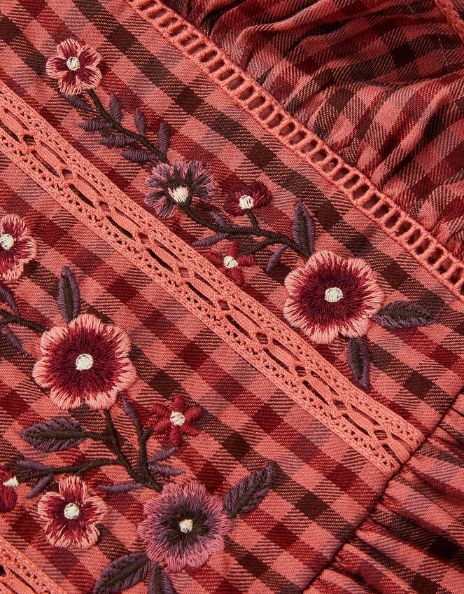 Floral Embroidered Check Dress, Brown (BROWN), large