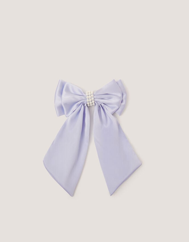 Long Pearl Satin Bow Hair Clip, Blue (PALE BLUE), large